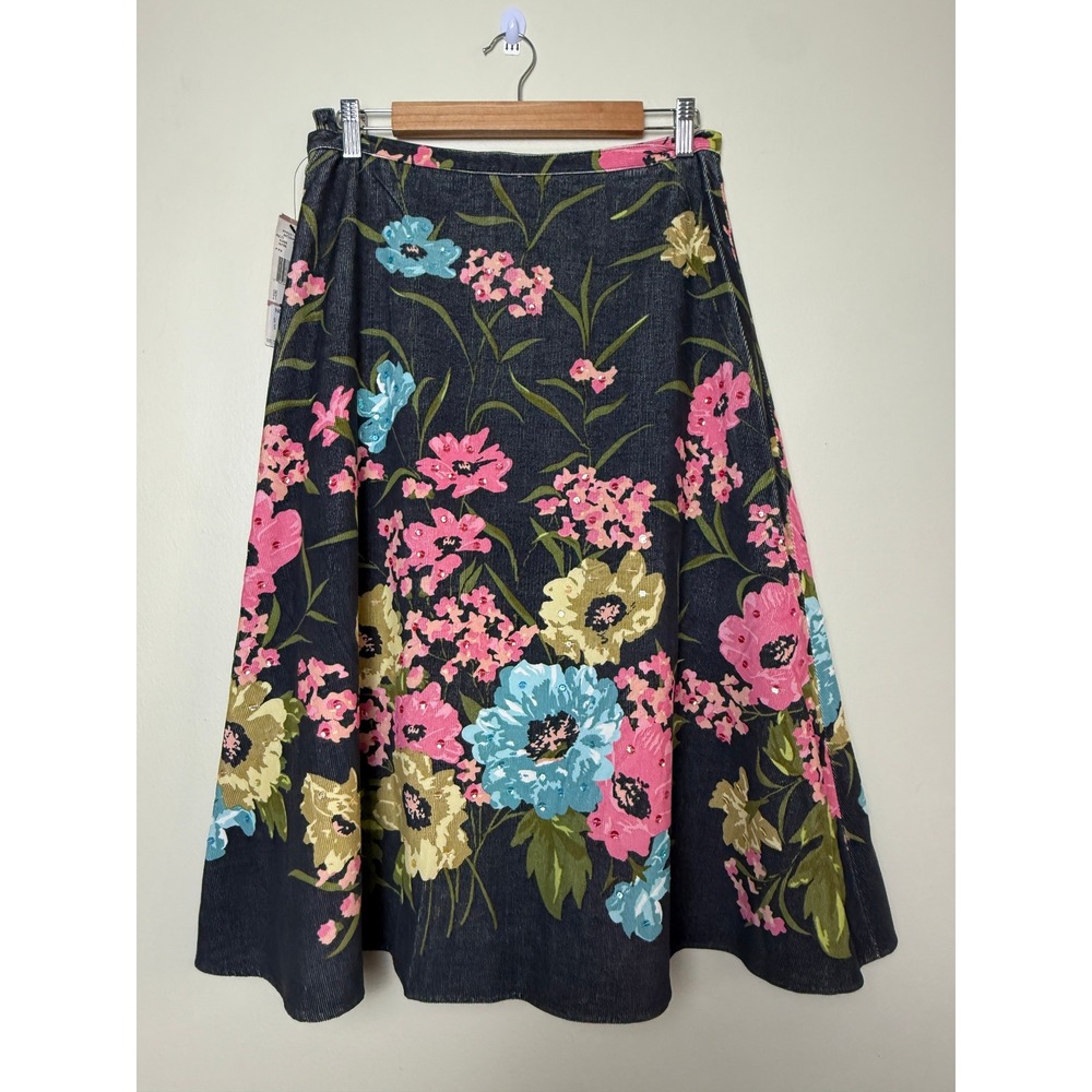 Anne Klein Boho Floral Corduroy Midi Skirt Sequins Size 12P Whimsigoth Fairy